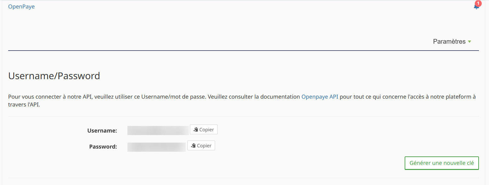 Copier le nom d'utilisateur et le mot de passe Openpaye